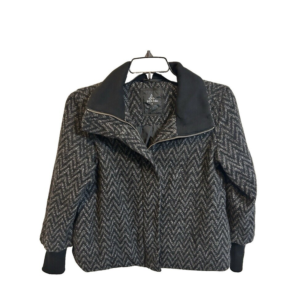 prAna Lily Wool Blend Funnel Neck Black Gray ZigZag Pattern Jacket